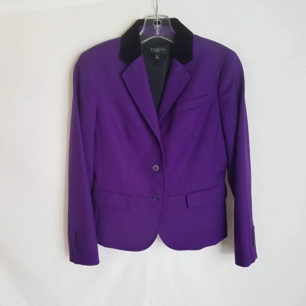 TALBOTS Petites Womens Wool Purple Three Button Blazer Jacket Size‎ 4 4p